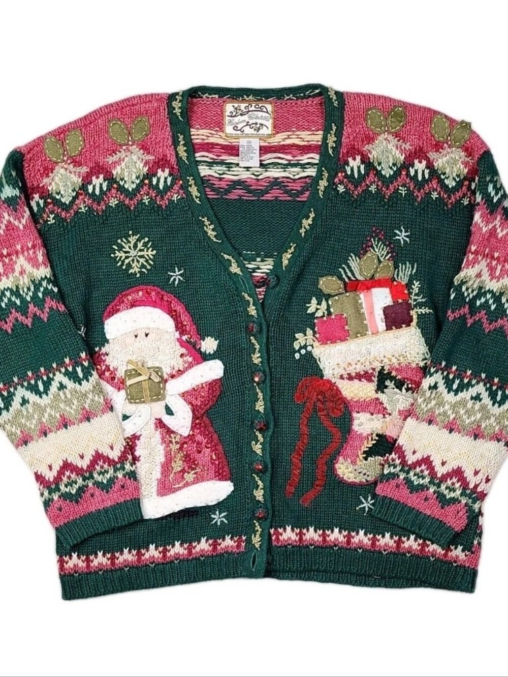Heirloom Collectibles Vintage Pink Fusia Ugly Christmas Cardigan Sweater M Santa
